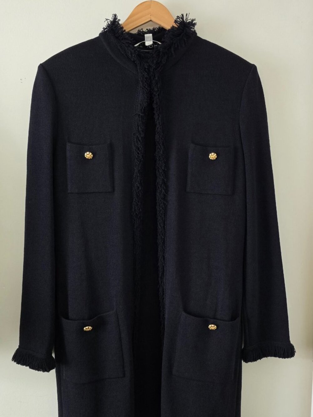 "St. John Collection" Black Fringed Sweater with Gold Buttons - Size Medium